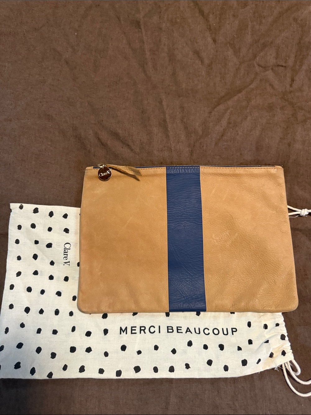 Clare V - Flat Clutch - Tan Leather with Navy Stripe